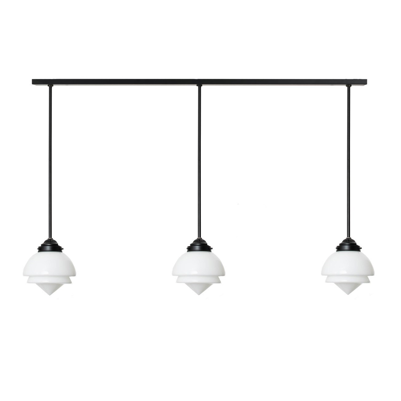 Eettafellamp balk met 3 pointy glaskappen