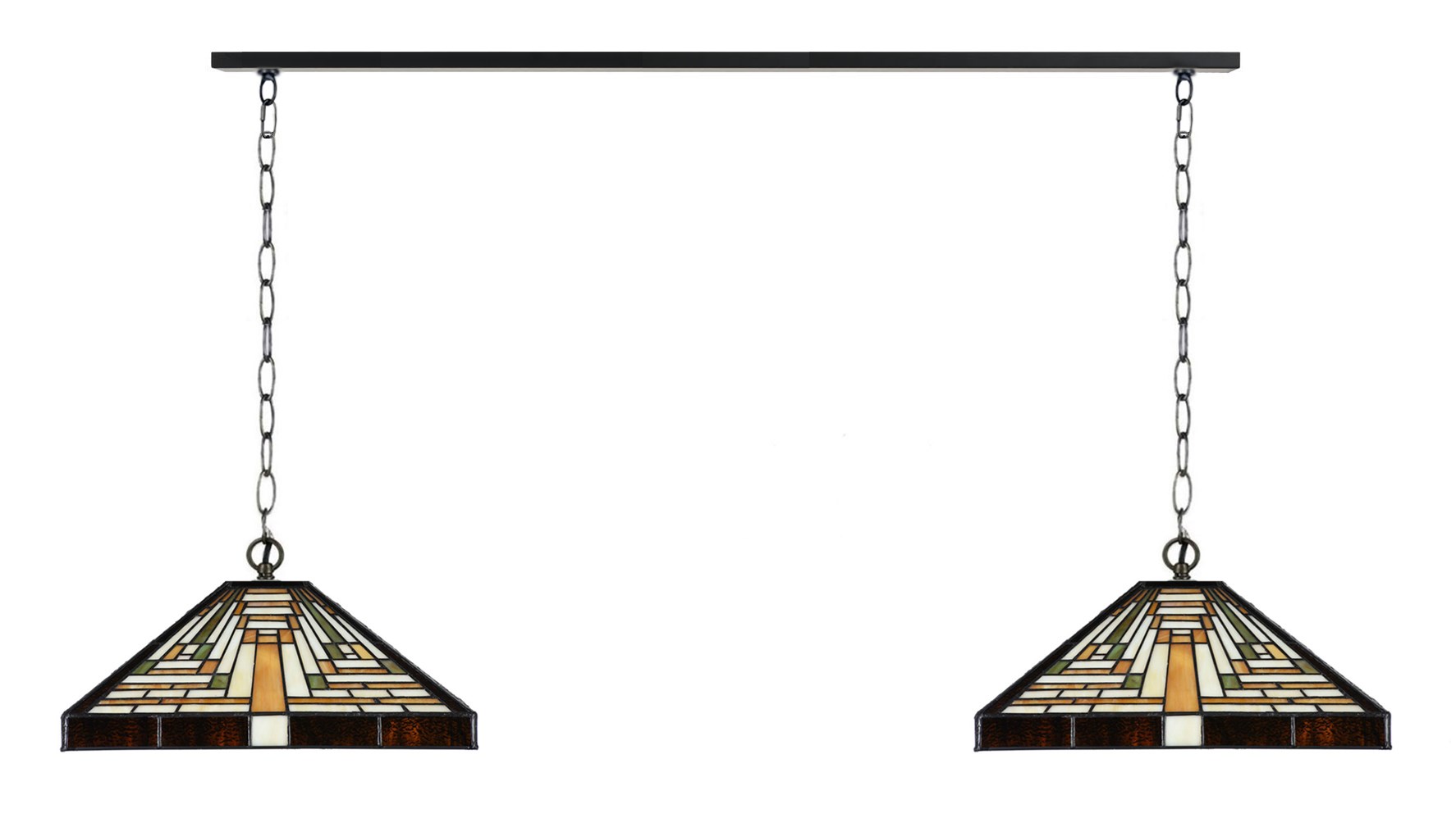 2 x Tiffany Rising Sun met ketting aan plafondbalk