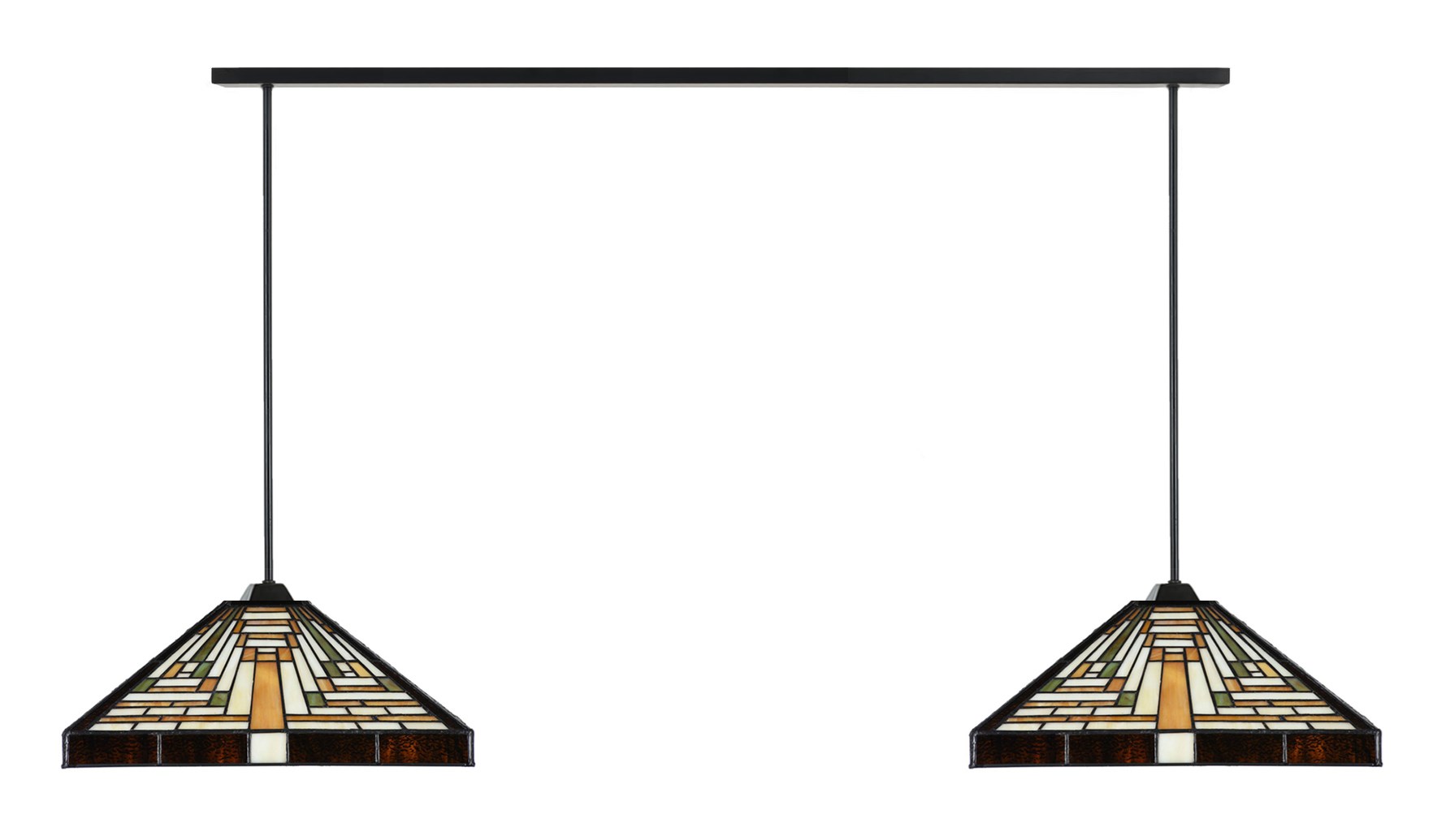 2 x Tiffany Rising Sun met Pendant aan plafondbalk