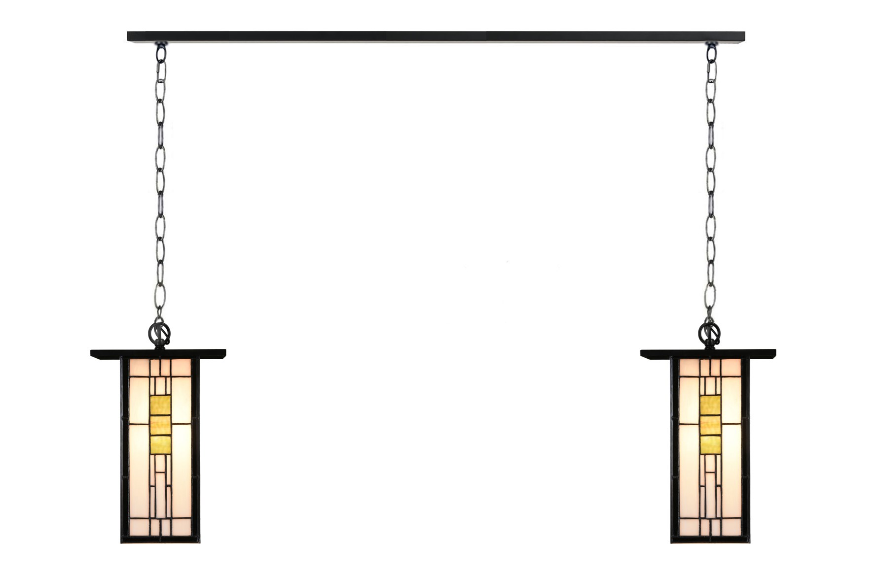 2 x Tiffany So Long Frank Lloyd Wright met ketting aan plafondbalk